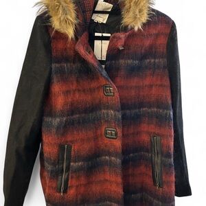 Anthropologie Red and Black Plaid Teddy Jacket with Faux Fur Collar